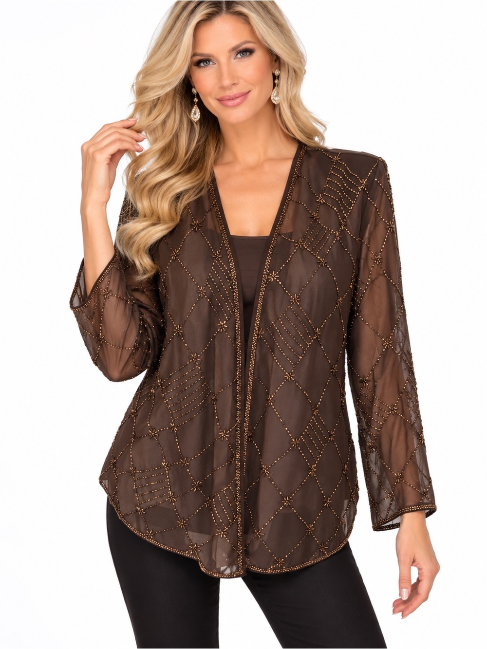 R&M Richards Size 14 Brown Sheer Beaded Evening Jacket Formal Open Front